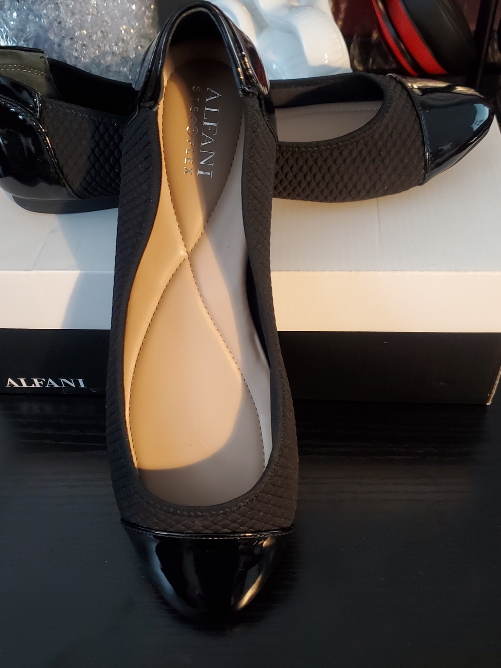Alfani Black Quilted Ballet Flats with Patent Toe Cap, Size 8 Wide